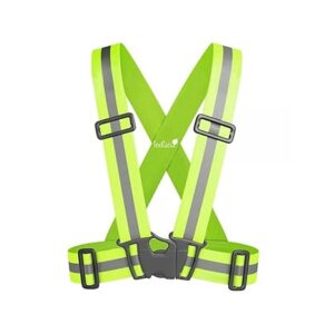 High visibility reflective safety vest with cross belt stripes in green